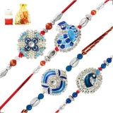 Mahi Combo of Blue Alloy Peacock Brass Rakhis for Men with Artificial Pearl, Meenakari Work and Rhodium Plating – 4 Pieces(Gold, Red, White, Blue)