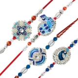 Mahi Combo of Blue Alloy Peacock Brass Rakhis for Men with Artificial Pearl, Meenakari Work and Rhodium Plating – 4 Pieces(Gold, Red, White, Blue)