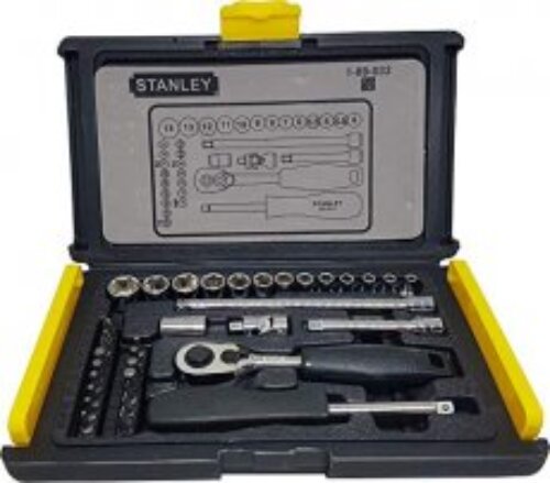 STANLEY 1-89-033 1/4” Drive 6 Point Socket and Bit Mechanic Tool Kit, Silver, 35-Pieces